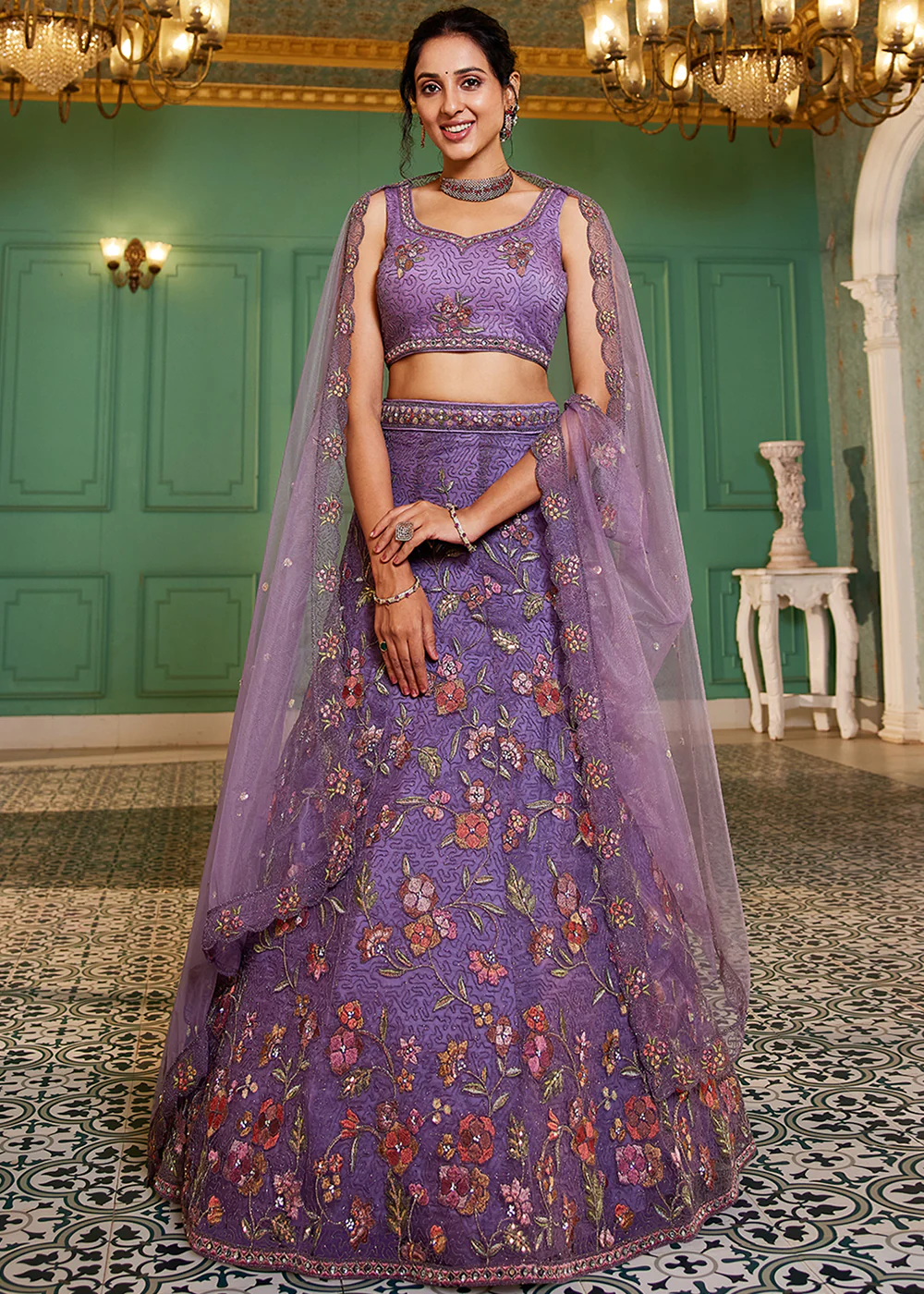 Purple Net Embroidered Wedding Style Lehenga Choli