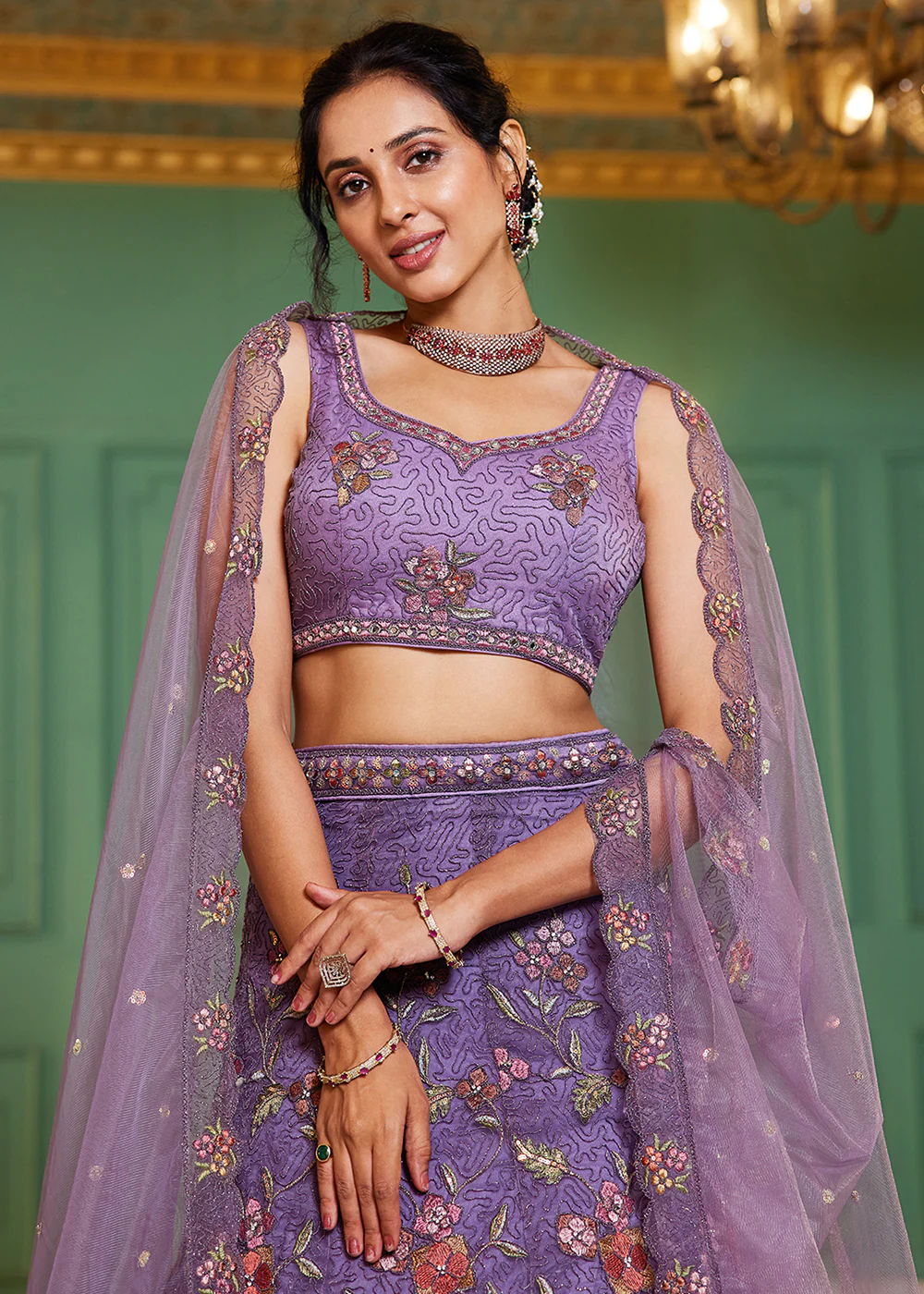Purple Net Embroidered Wedding Style Lehenga Choli - Image 4