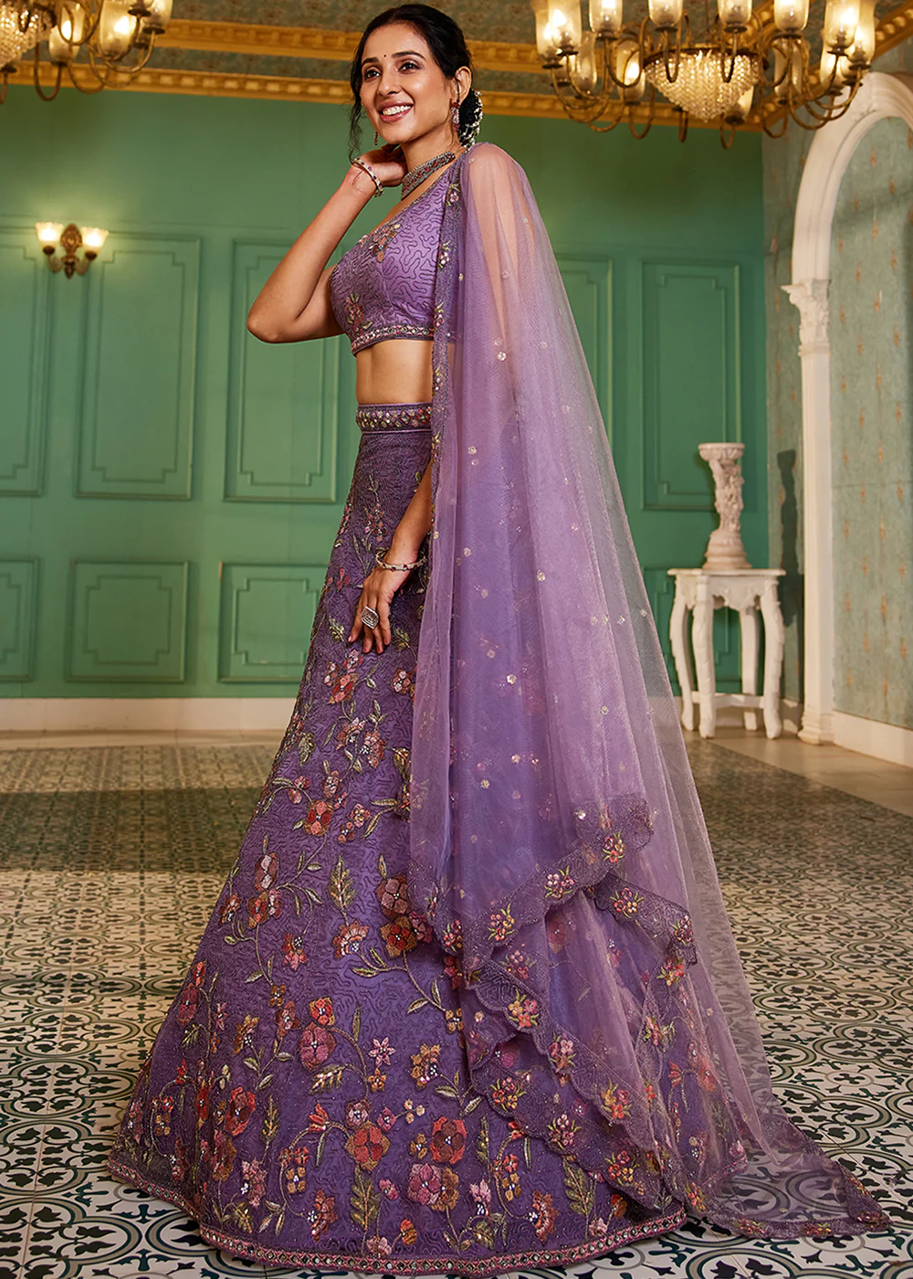 Purple Net Embroidered Wedding Style Lehenga Choli - Image 5