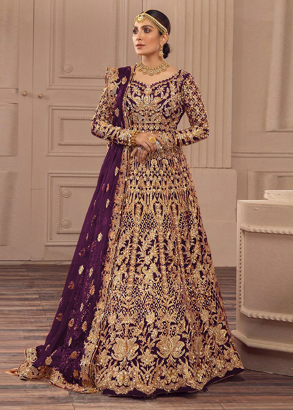 Purple Net Heavy Work & Embroidered Bridal Anarkali Gown