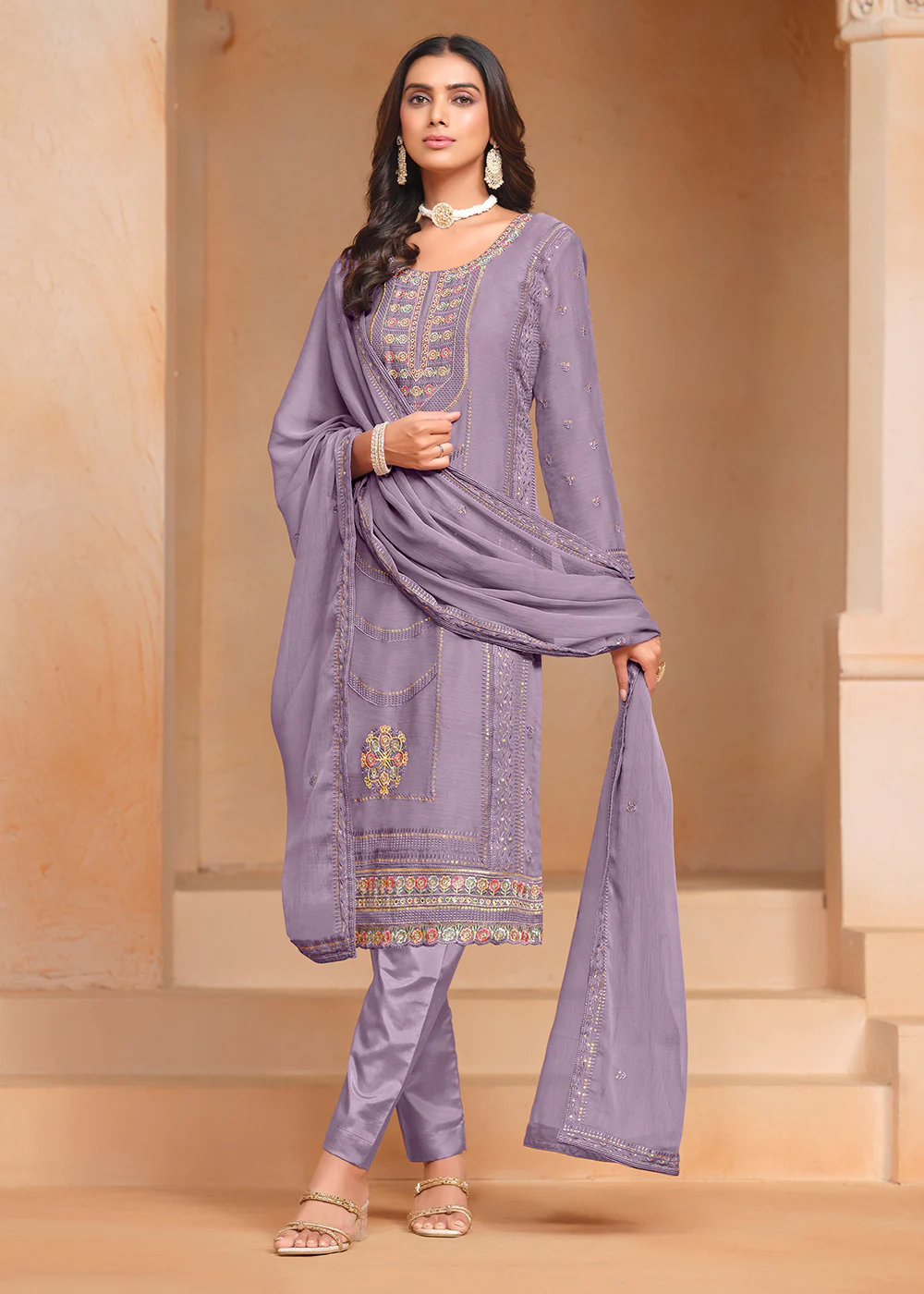 Purple Organza Chiffon Embroidered Festive Salwar Suit - Image 3