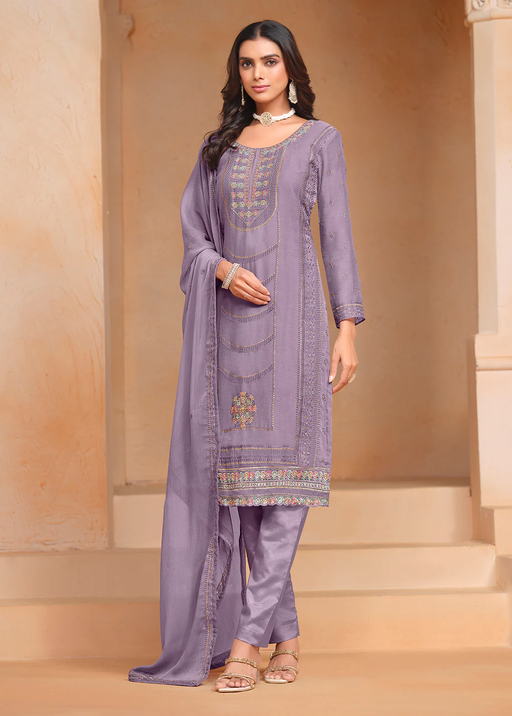 Purple Organza Chiffon Embroidered Festive Salwar Suit - Image 4
