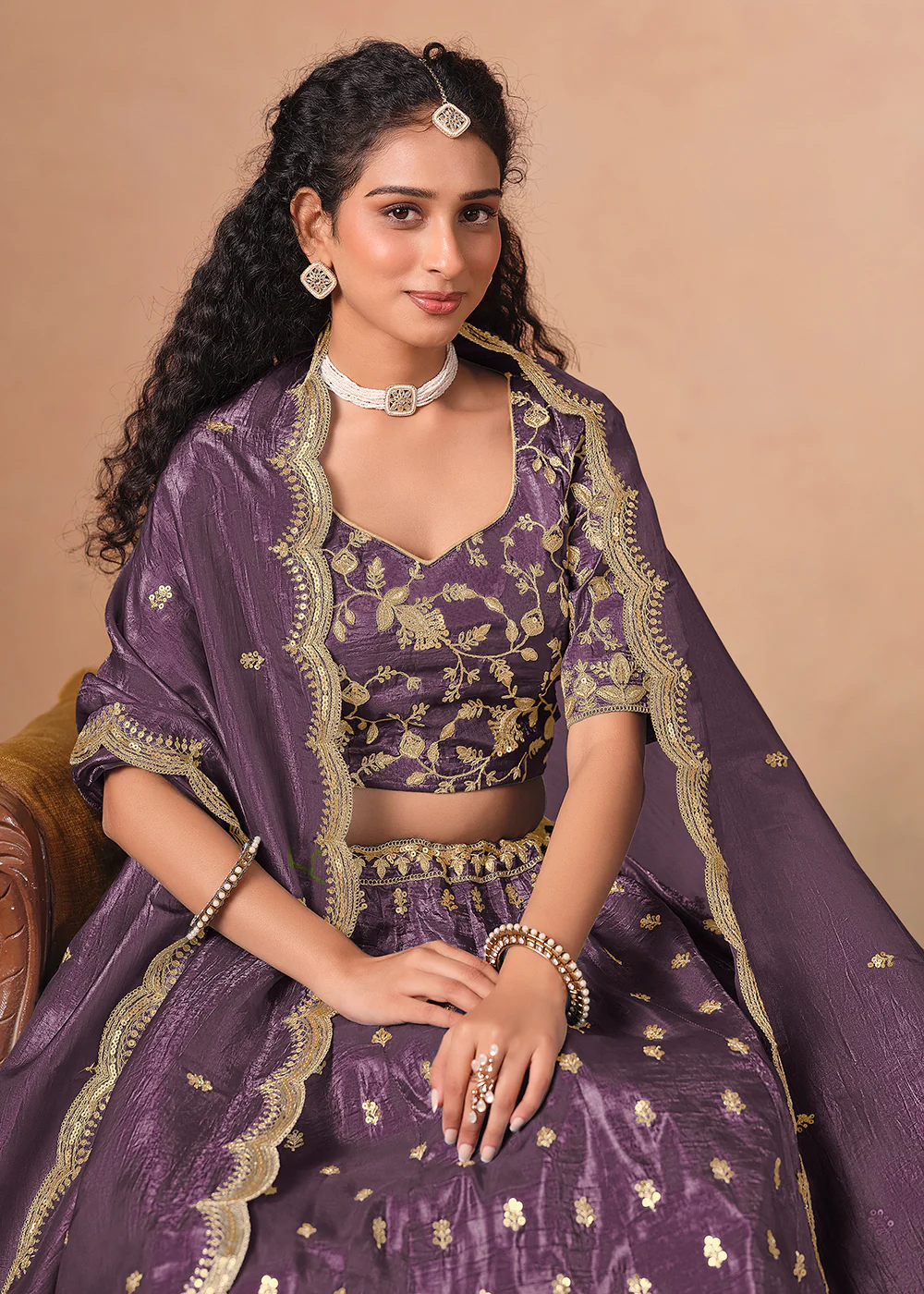 Purple Organza Crushed Embroidered Lehenga Choli - Image 2