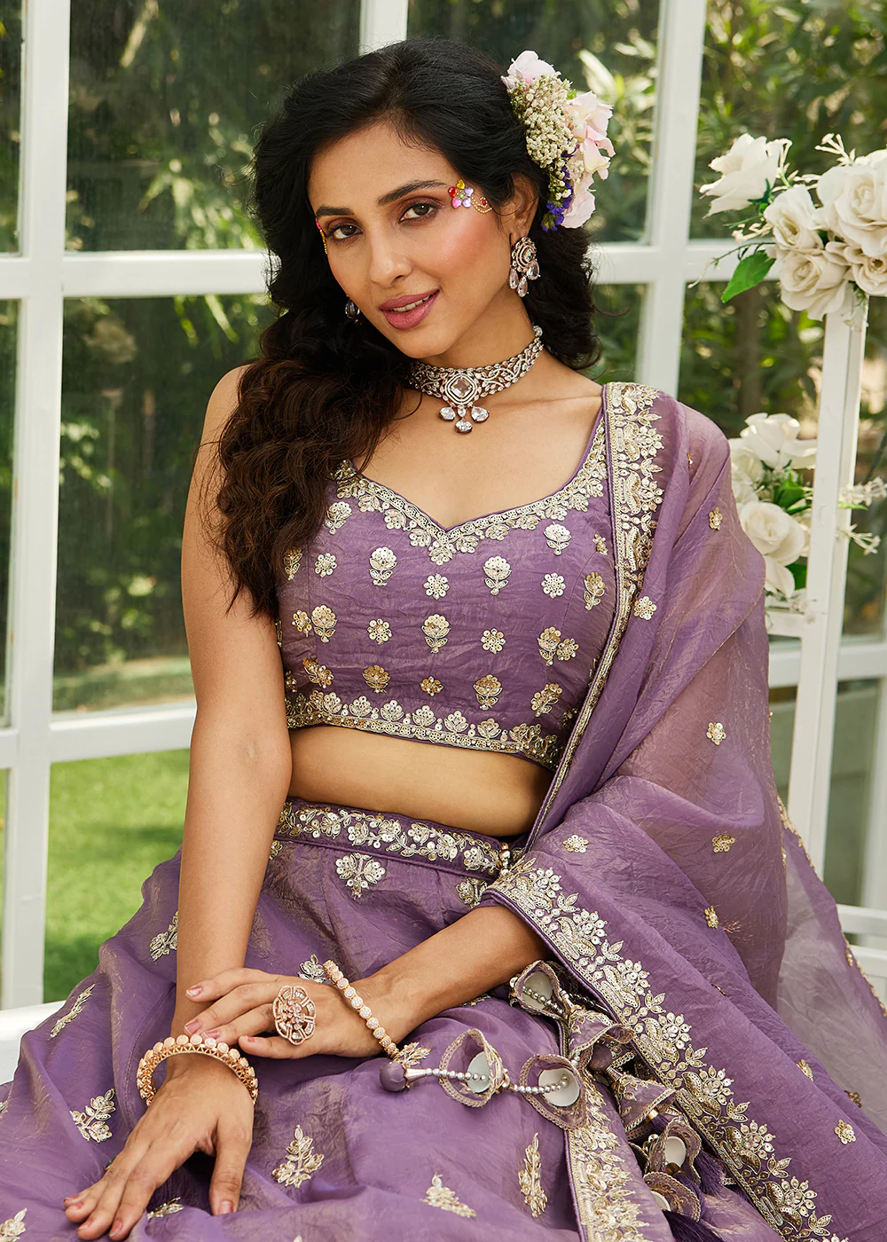 Purple Organza Fabric Embroidered Designer Lehenga Choli - Image 4