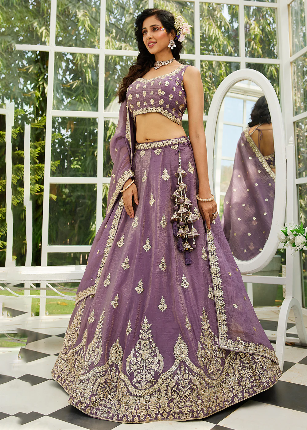 Purple Organza Fabric Embroidered Designer Lehenga Choli - Image 5