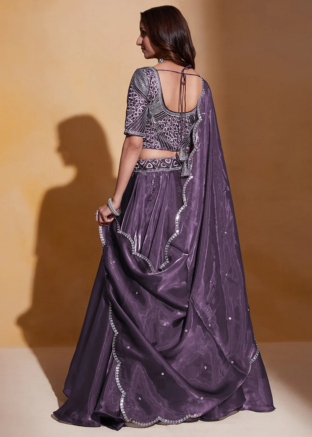 Purple Organza Silk A Line Festive Party Lehenga Choli - Image 3