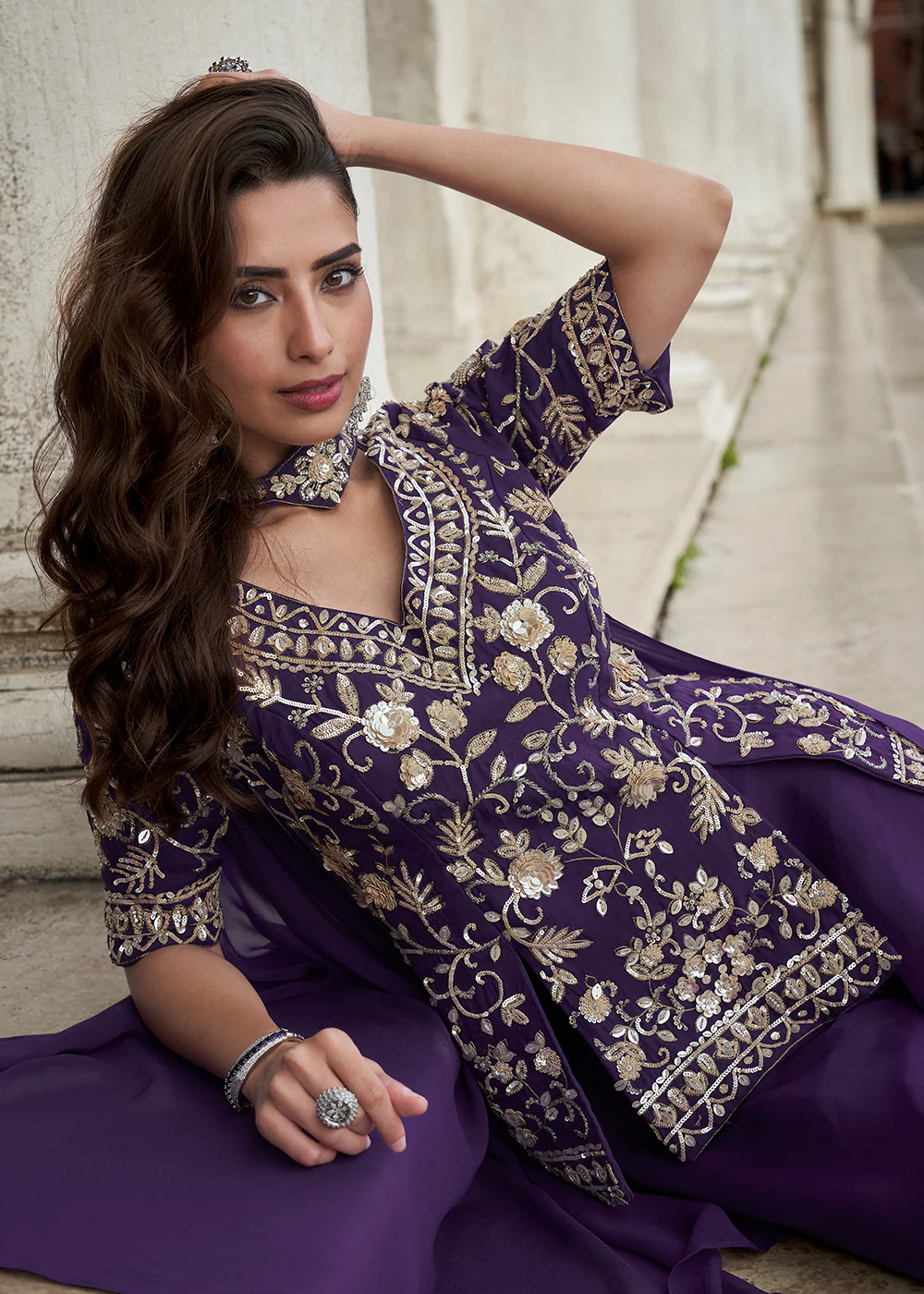 Purple Organza Silk Short Kurti Style Palazzo Suit - Image 2
