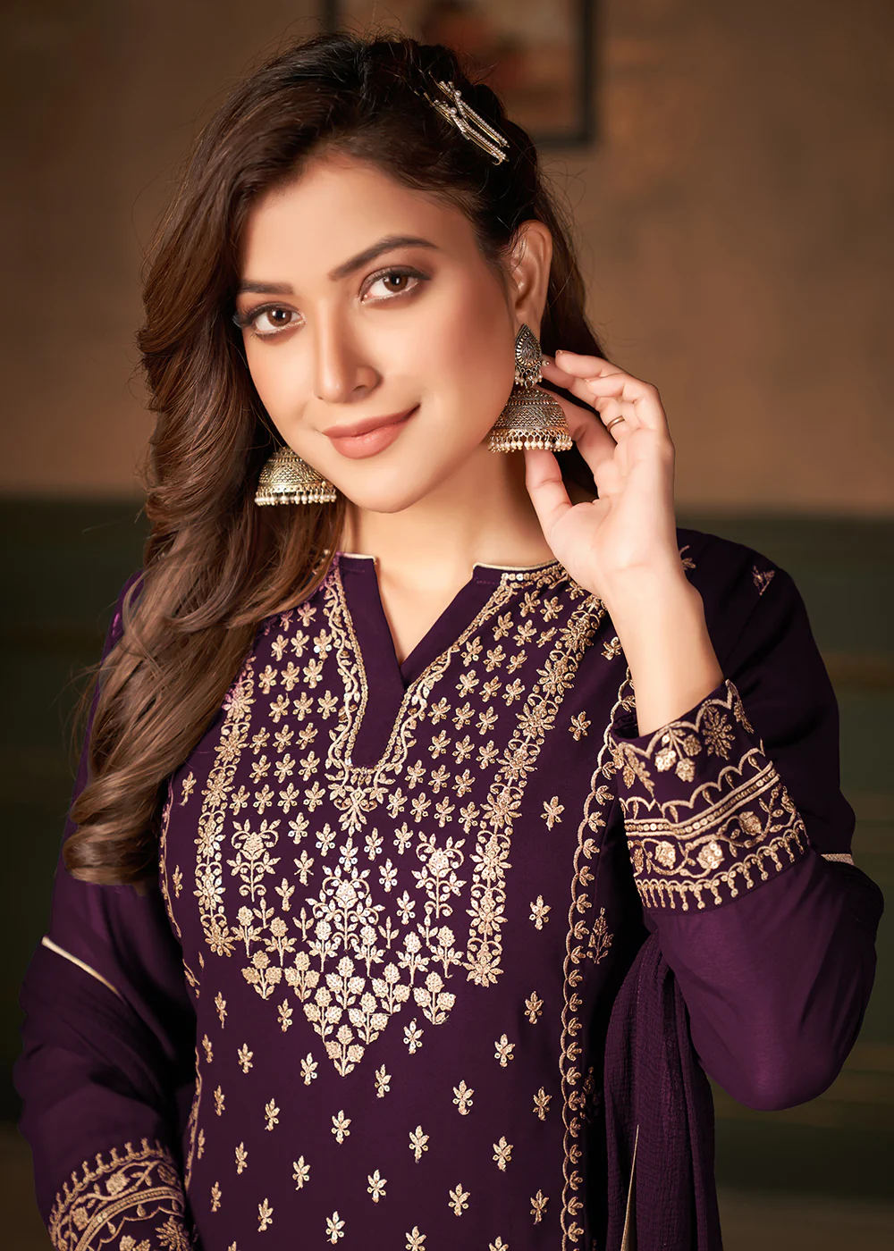 Purple Pakistani Sharara Style Georgette Embroidered Suit - Image 2
