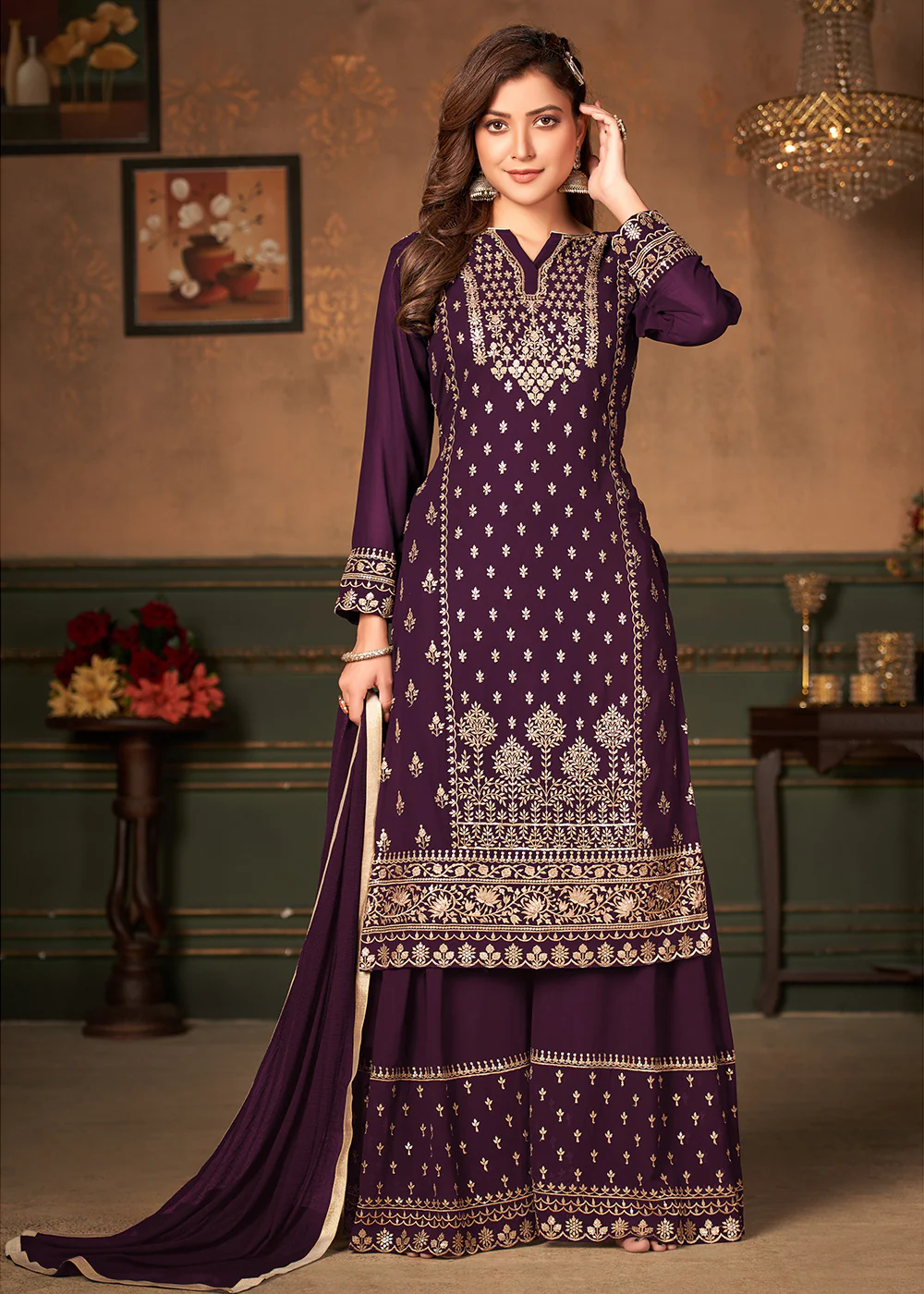 Purple Pakistani Sharara Style Georgette Embroidered Suit - Image 3