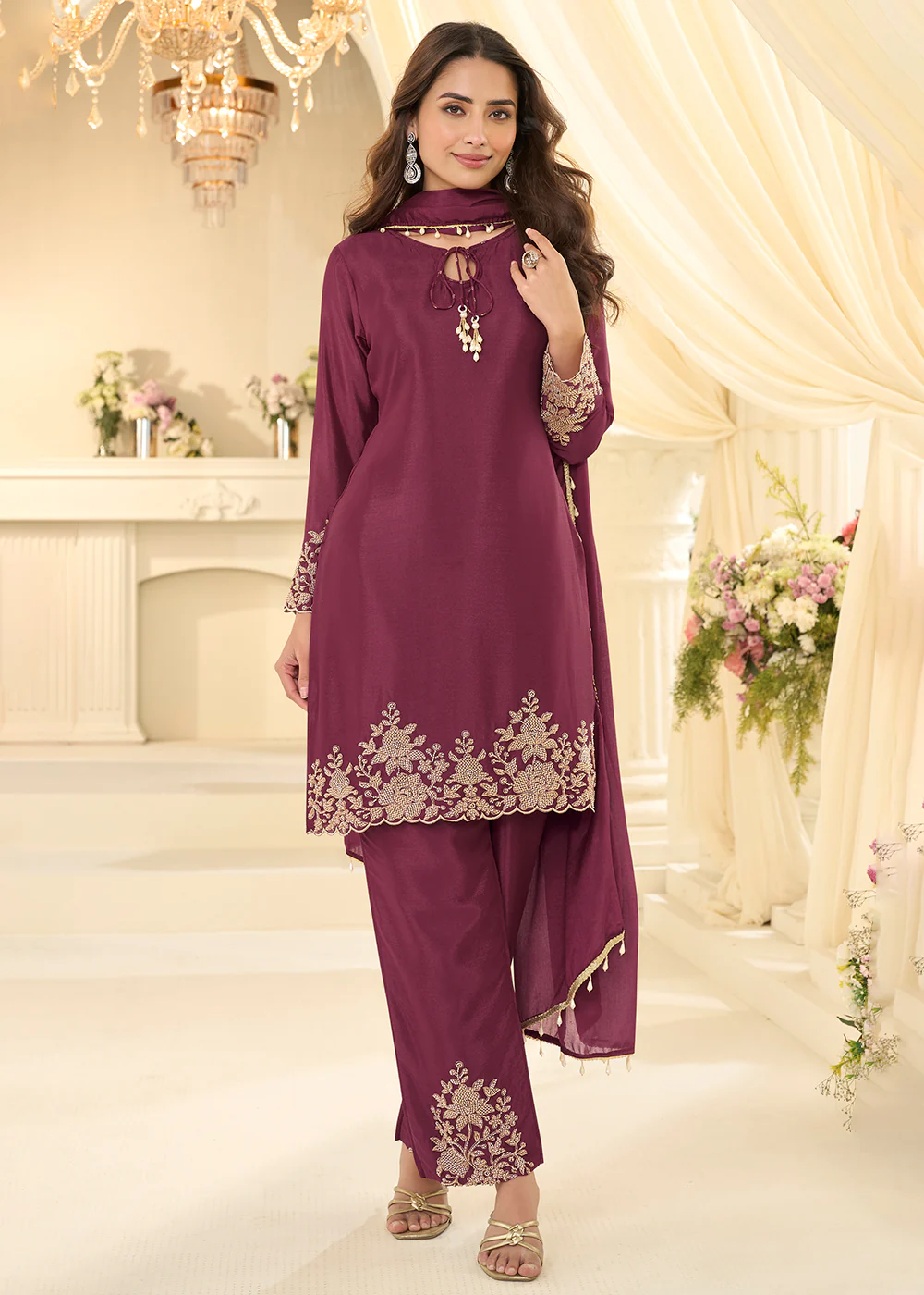 Purple Pakistani Style Rose Gold Beads Pant Style Suit