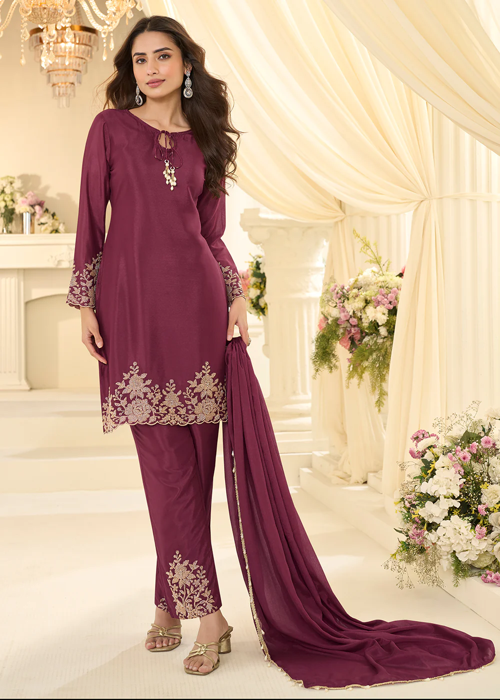 Purple Pakistani Style Rose Gold Beads Pant Style Suit - Image 3