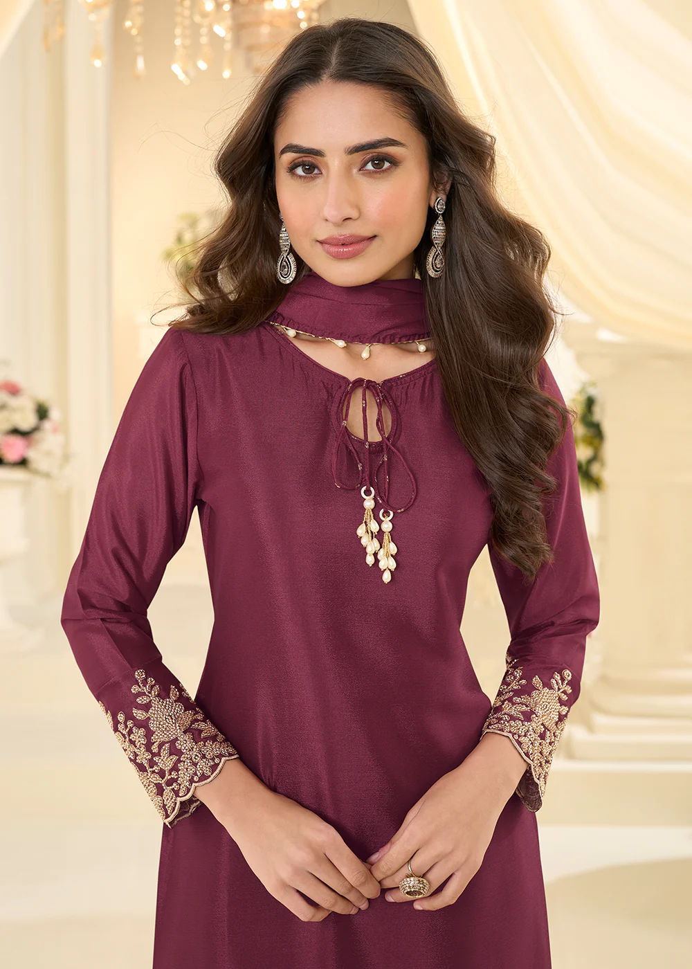 Purple Pakistani Style Rose Gold Beads Pant Style Suit - Image 4