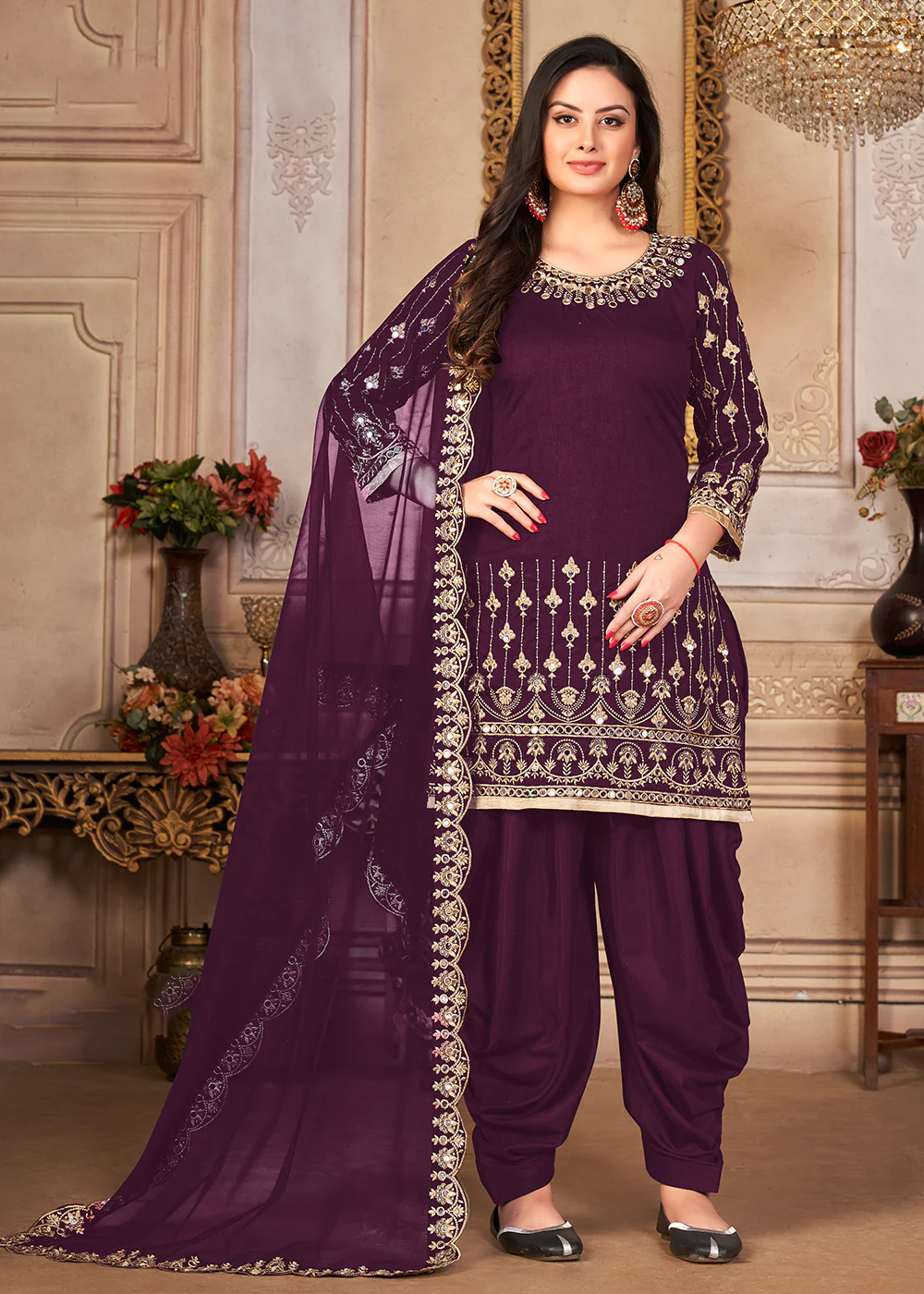 Purple Patiala Style Silk Crafted Punjabi Salwar Suit