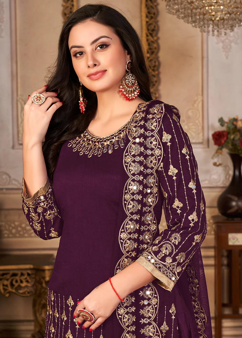 Purple Patiala Style Silk Crafted Punjabi Salwar Suit - Image 2
