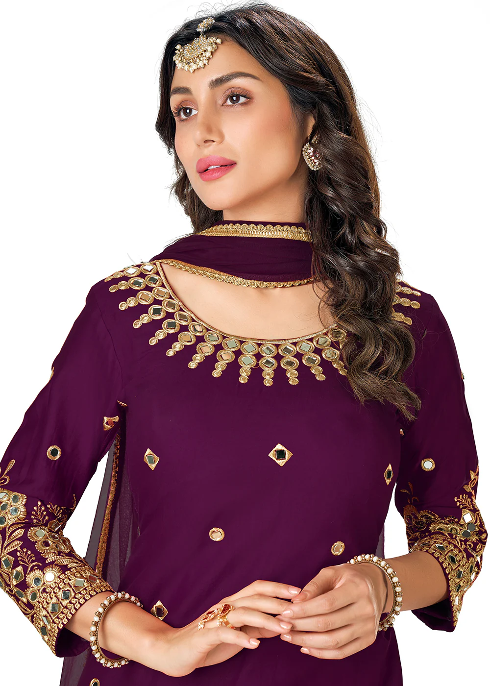 Purple Patiala Style Silk Embroidered Punjabi Salwar Suit - Image 2