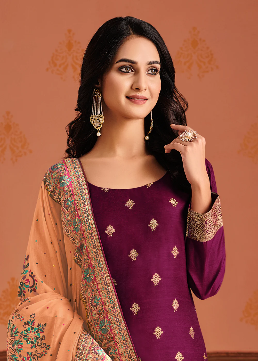 Purple & Peach Silk Jacquard Sangeet Wear Pant Style Suit - Image 2