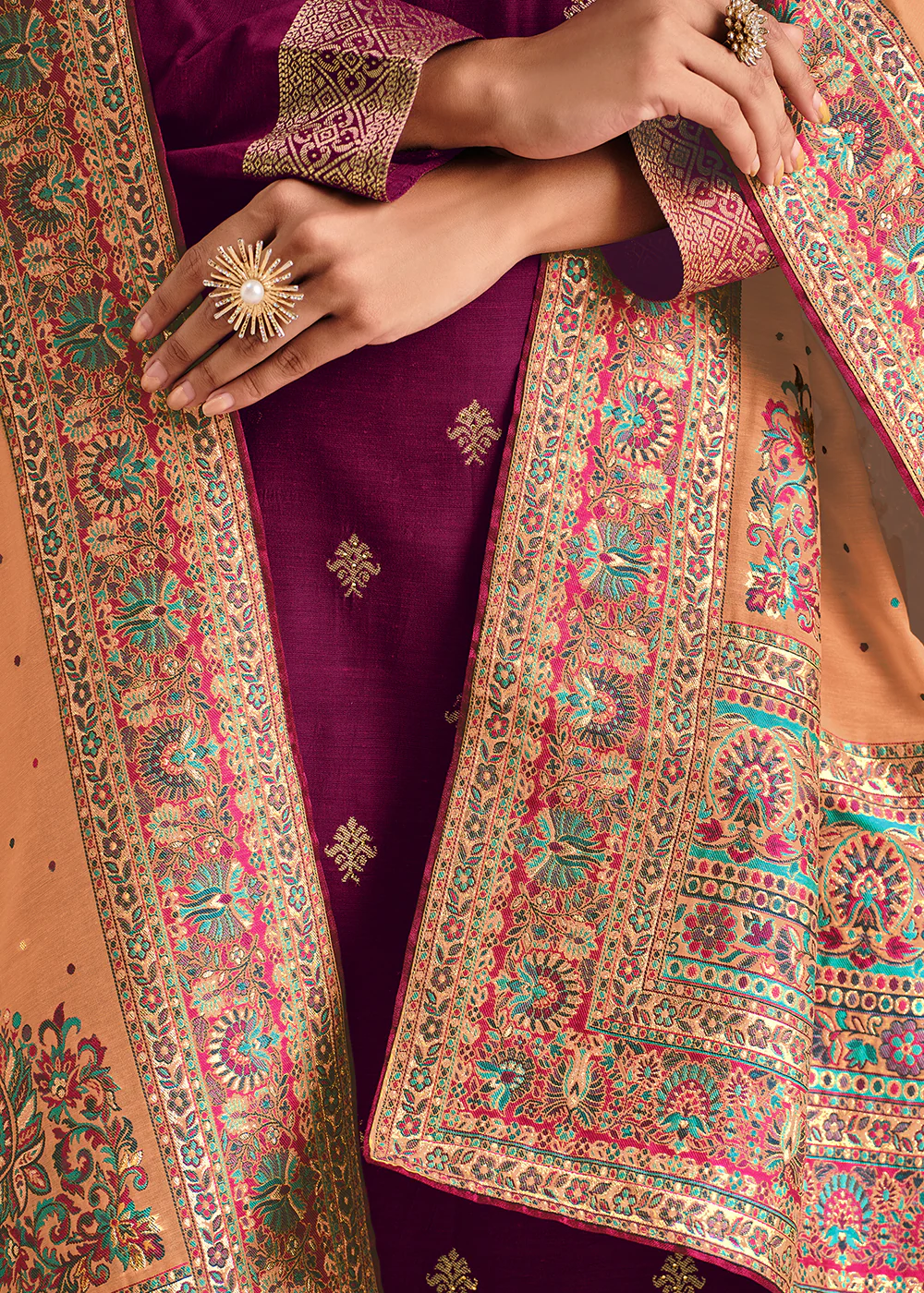 Purple & Peach Silk Jacquard Sangeet Wear Pant Style Suit - Image 3