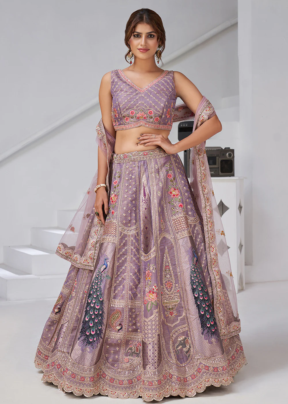 Purple Peacock Feather Motifs Traditional Lehenga Choli