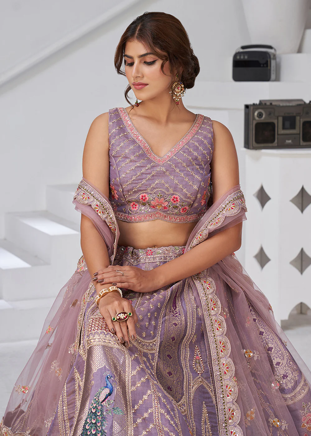 Purple Peacock Feather Motifs Traditional Lehenga Choli - Image 2