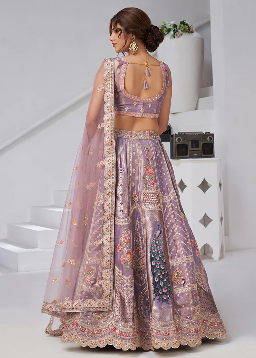 Purple Peacock Feather Motifs Traditional Lehenga Choli - Image 3