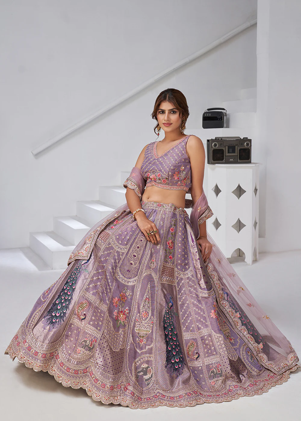 Purple Peacock Feather Motifs Traditional Lehenga Choli - Image 4