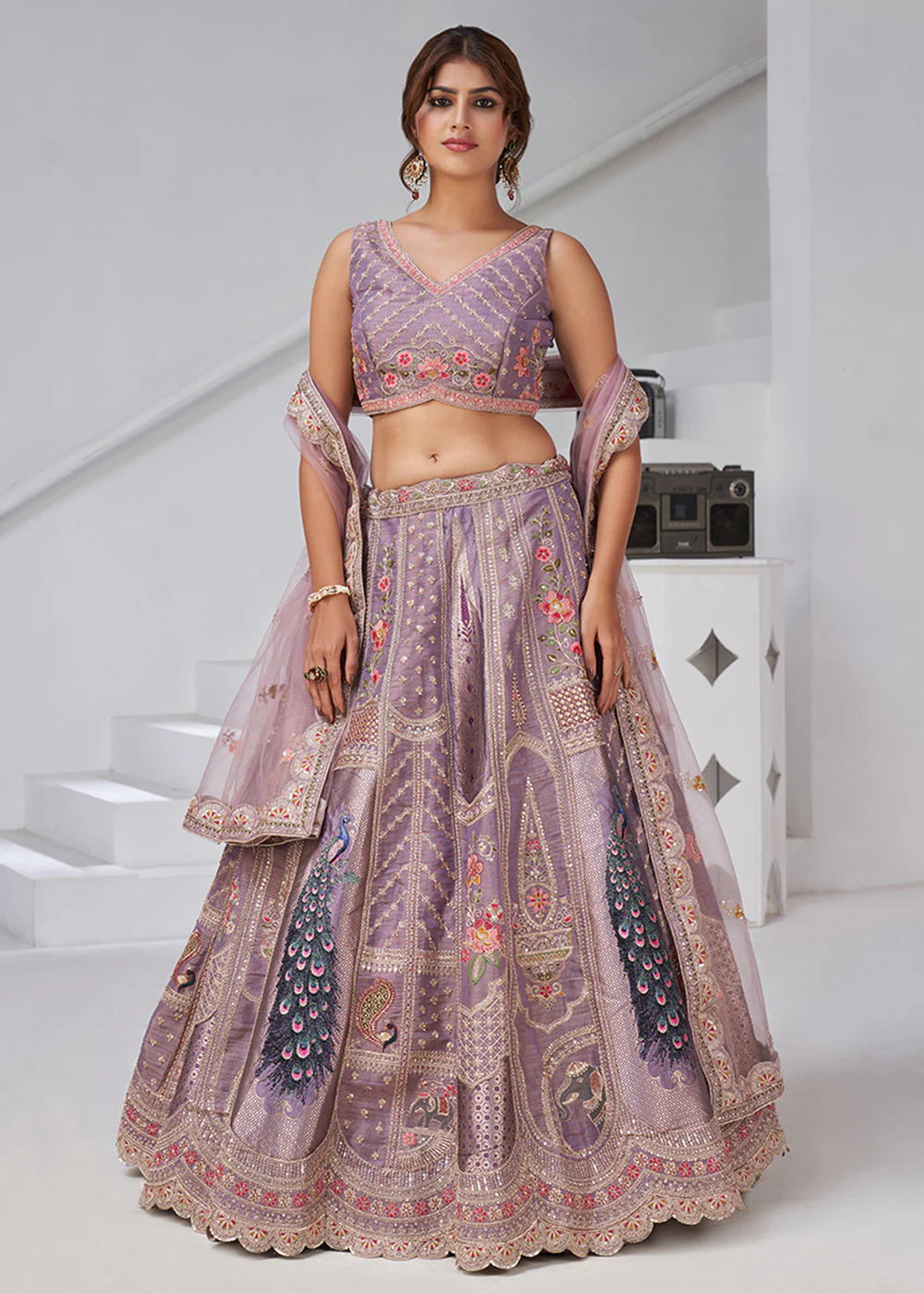 Purple Peacock Feather Motifs Traditional Lehenga Choli - Image 6