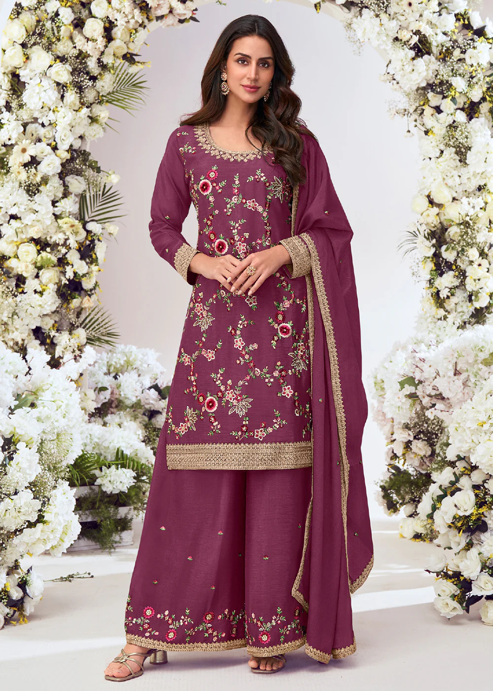Purple Pink Multi Threads Work Festive Palazzo Suit