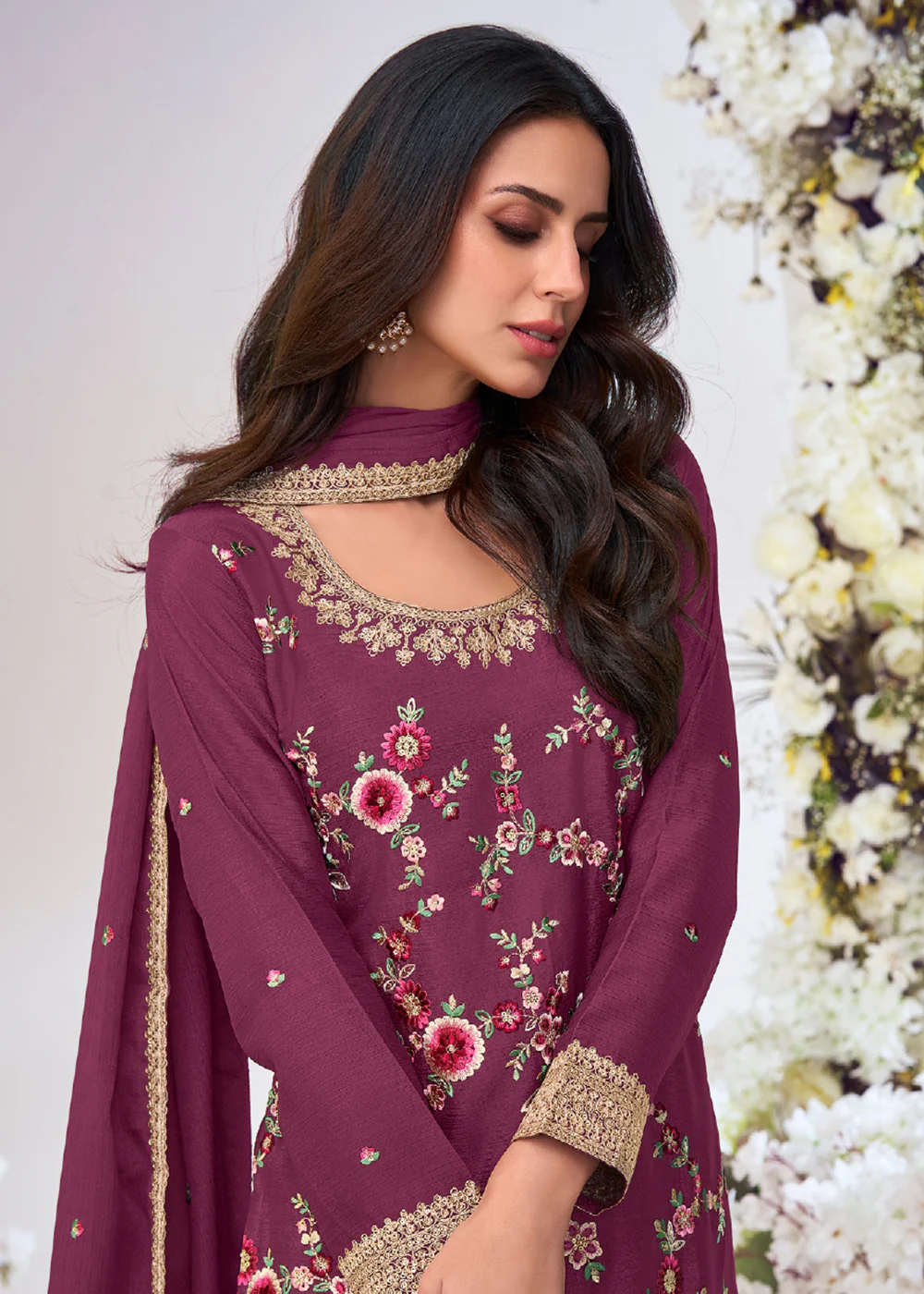 Purple Pink Multi Threads Work Festive Palazzo Suit - Image 2