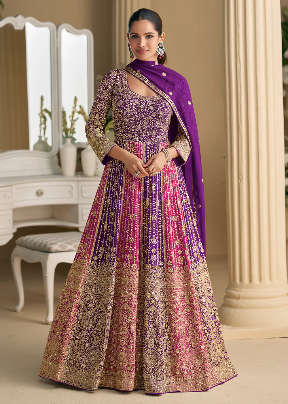 Purple & Pink Premium Georgette Festive Anarkali Gown