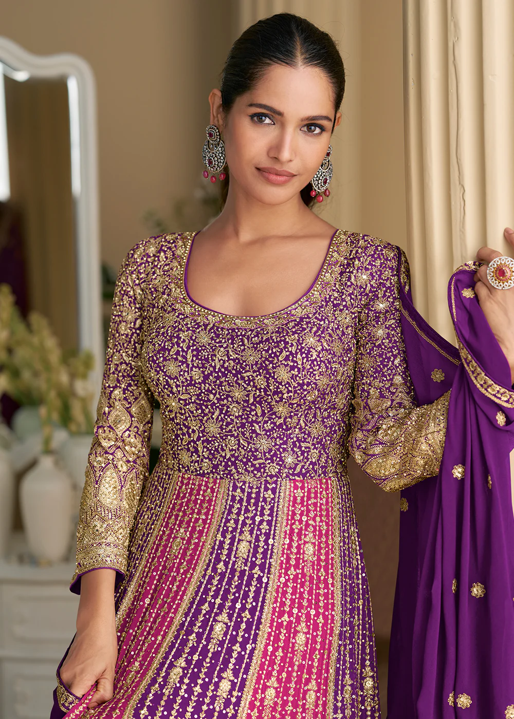 Purple & Pink Premium Georgette Festive Anarkali Gown - Image 2