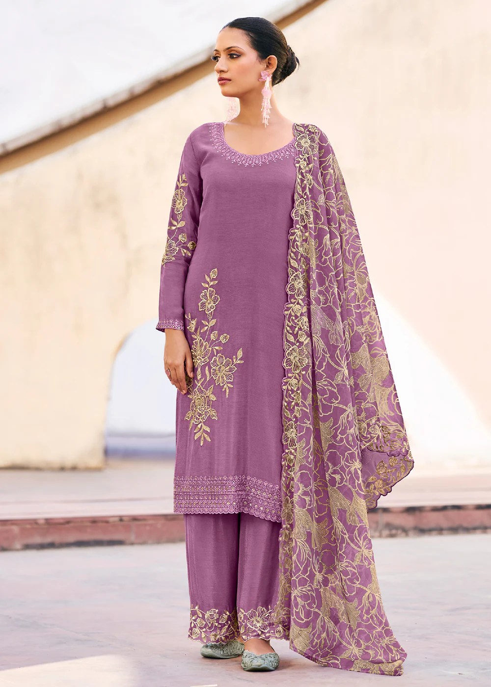 Purple Premium Chinnon Embroidered Palazzo Style Suit