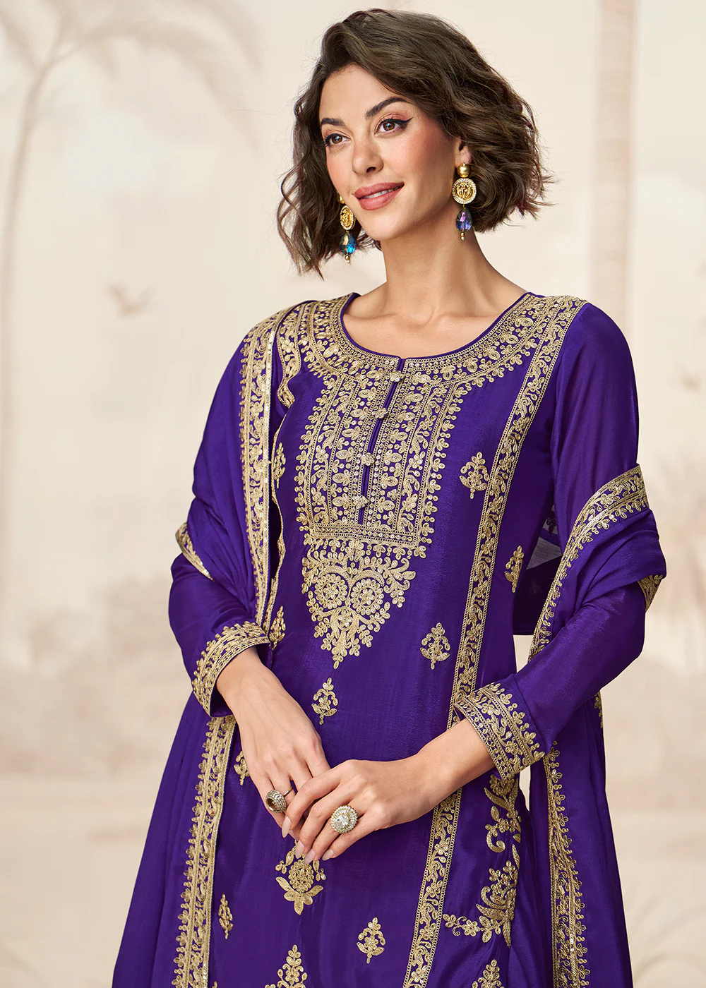 Purple Premium Chinnon Festive Wedding Palazzo Suit - Image 2