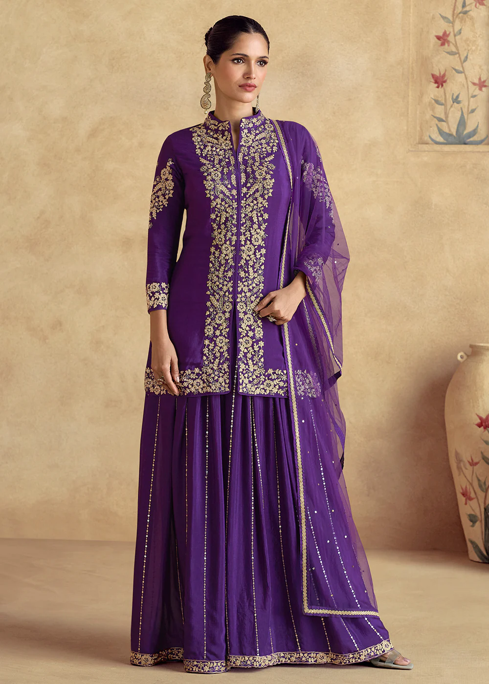 Purple Premium Chinnon Silk Festive Sharara Style Suit