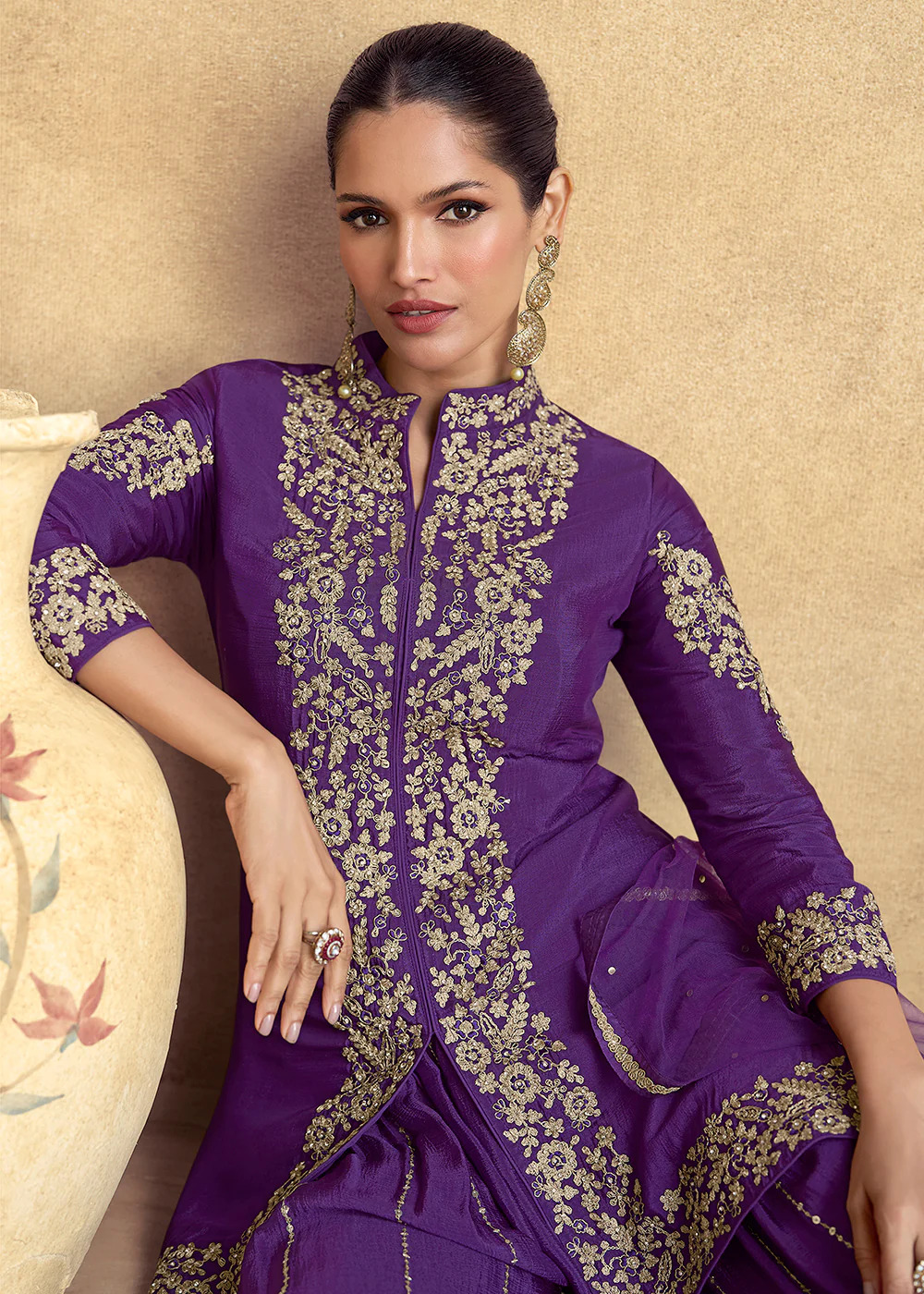 Purple Premium Chinnon Silk Festive Sharara Style Suit - Image 2