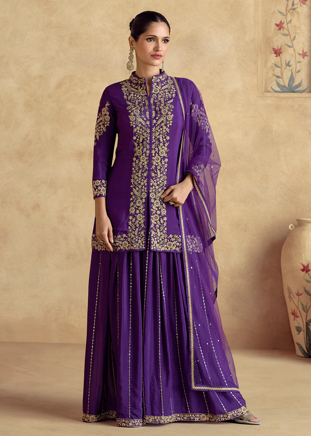 Purple Premium Chinnon Silk Festive Sharara Style Suit