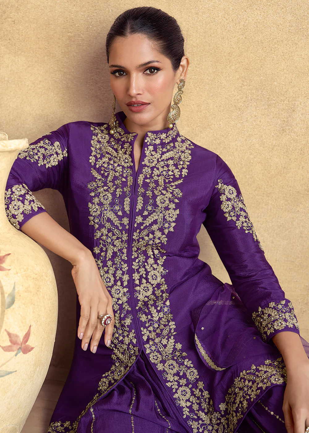 Purple Premium Chinnon Silk Festive Sharara Style Suit - Image 4
