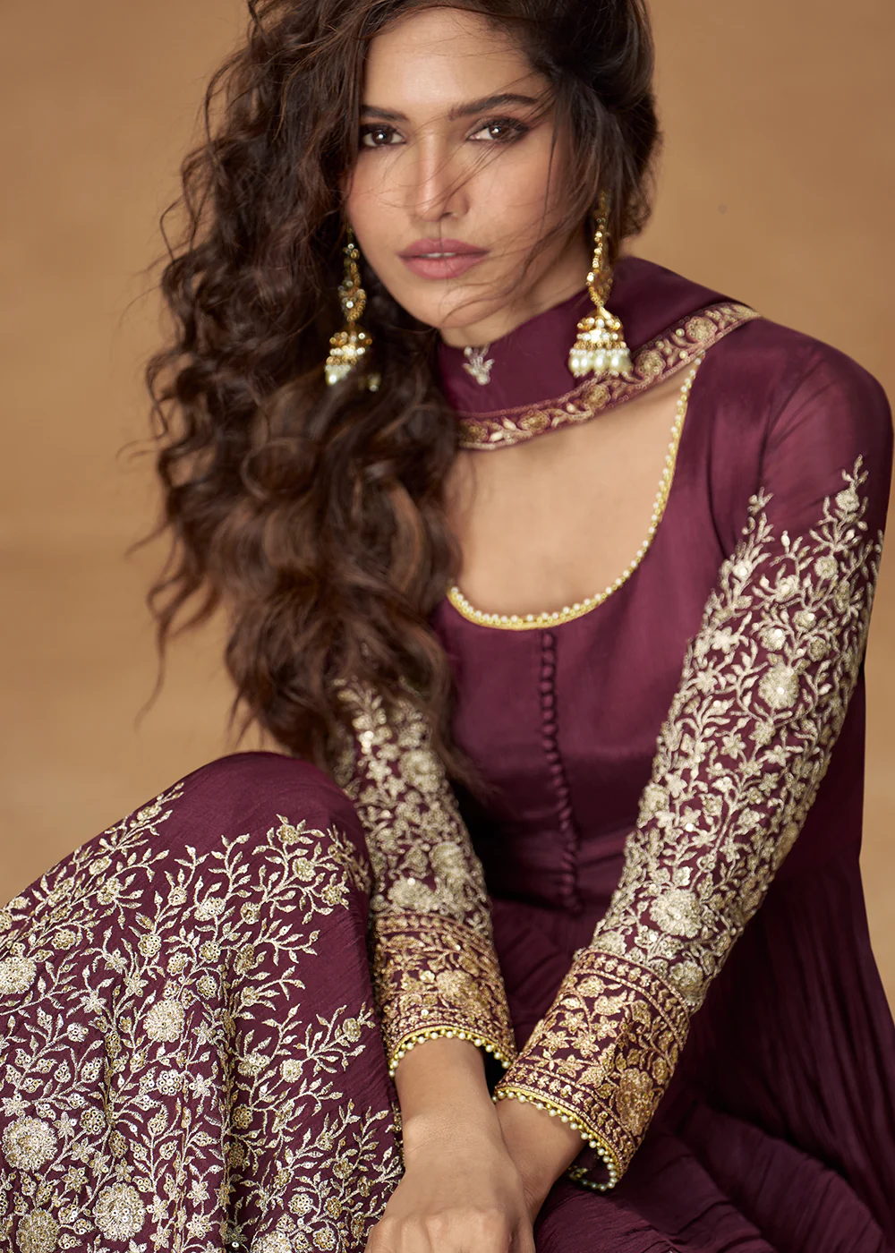 Purple Premium Embroidered Wedding Party Anarkali Suit - Image 2