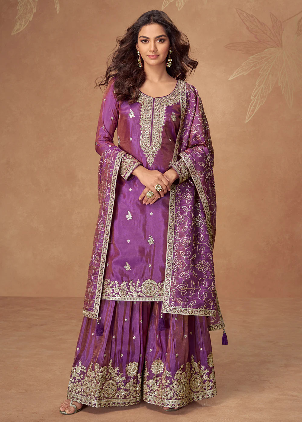 Purple Premium Shimmer Silk Palazzo Style Suit