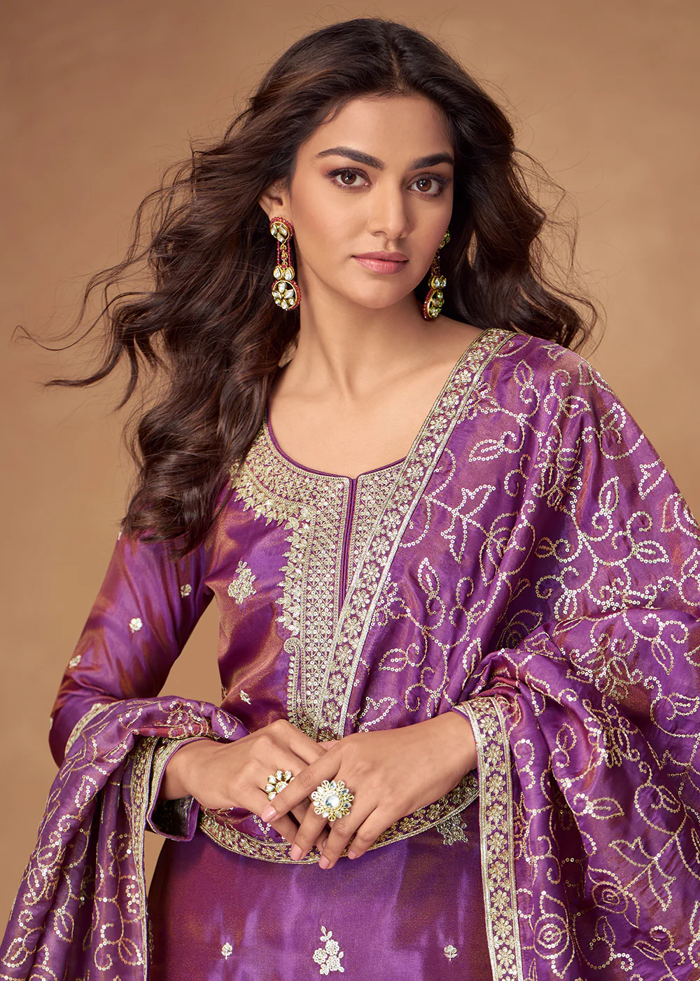 Purple Premium Shimmer Silk Palazzo Style Suit - Image 2