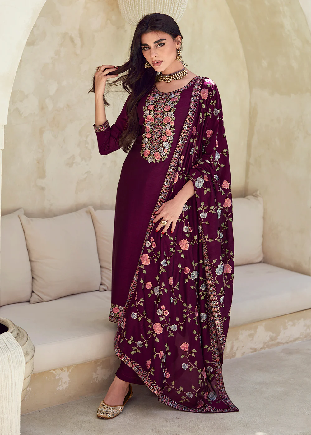 Purple Premium Silk Thread Embroidered Trendy Salwar Suit - Image 3