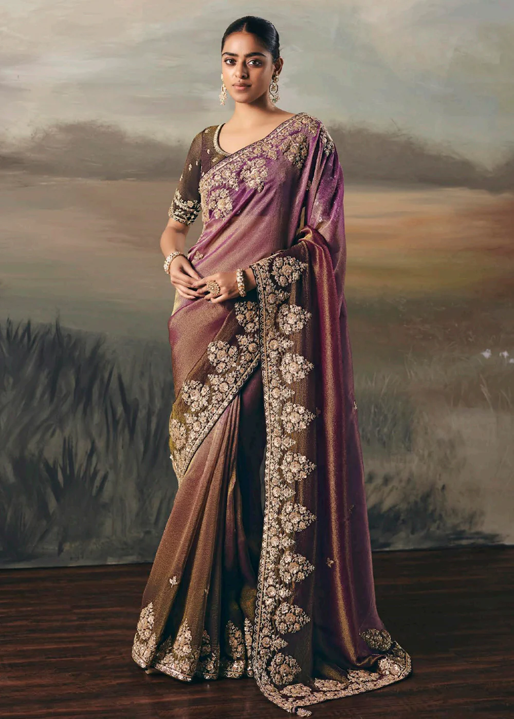 Purple Premium Tissue Zari Fabric Designer Saree