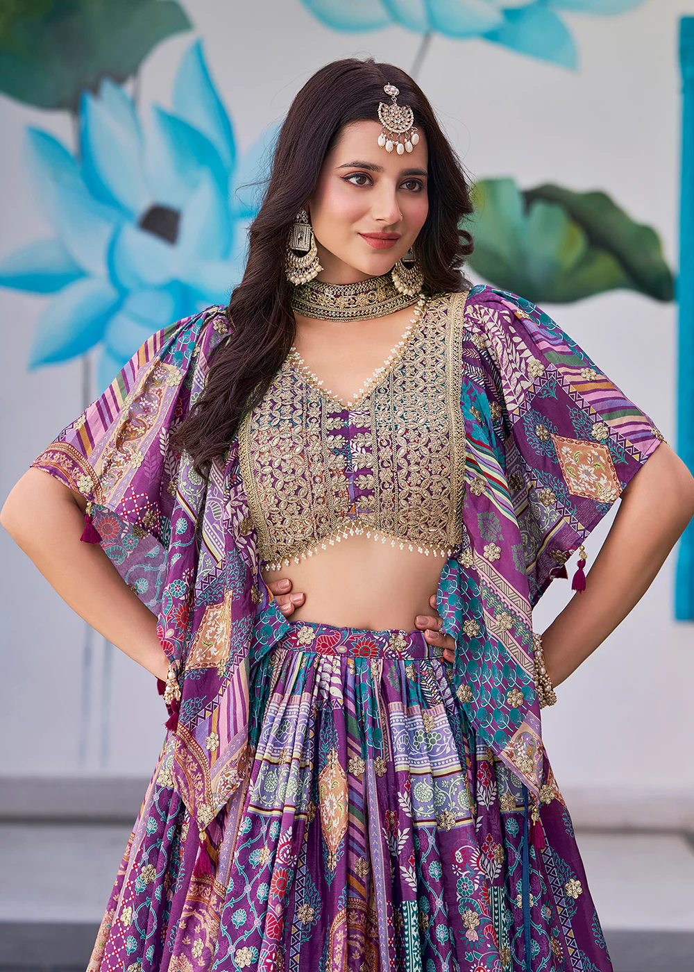 Purple Printed & Zari Dori Embroidered Lehenga Choli - Image 2