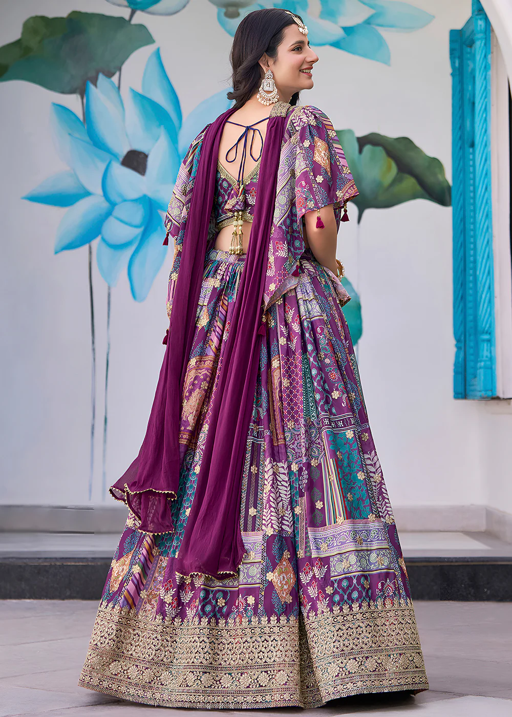 Purple Printed & Zari Dori Embroidered Lehenga Choli - Image 3