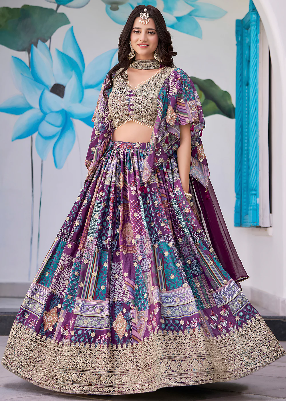 Purple Printed & Zari Dori Embroidered Lehenga Choli - Image 4