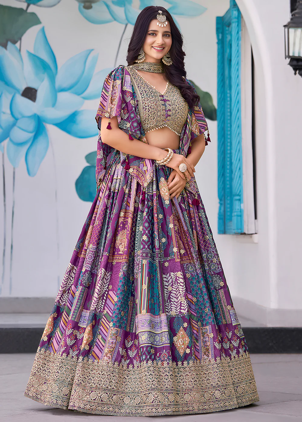 Purple Printed & Zari Dori Embroidered Lehenga Choli - Image 5