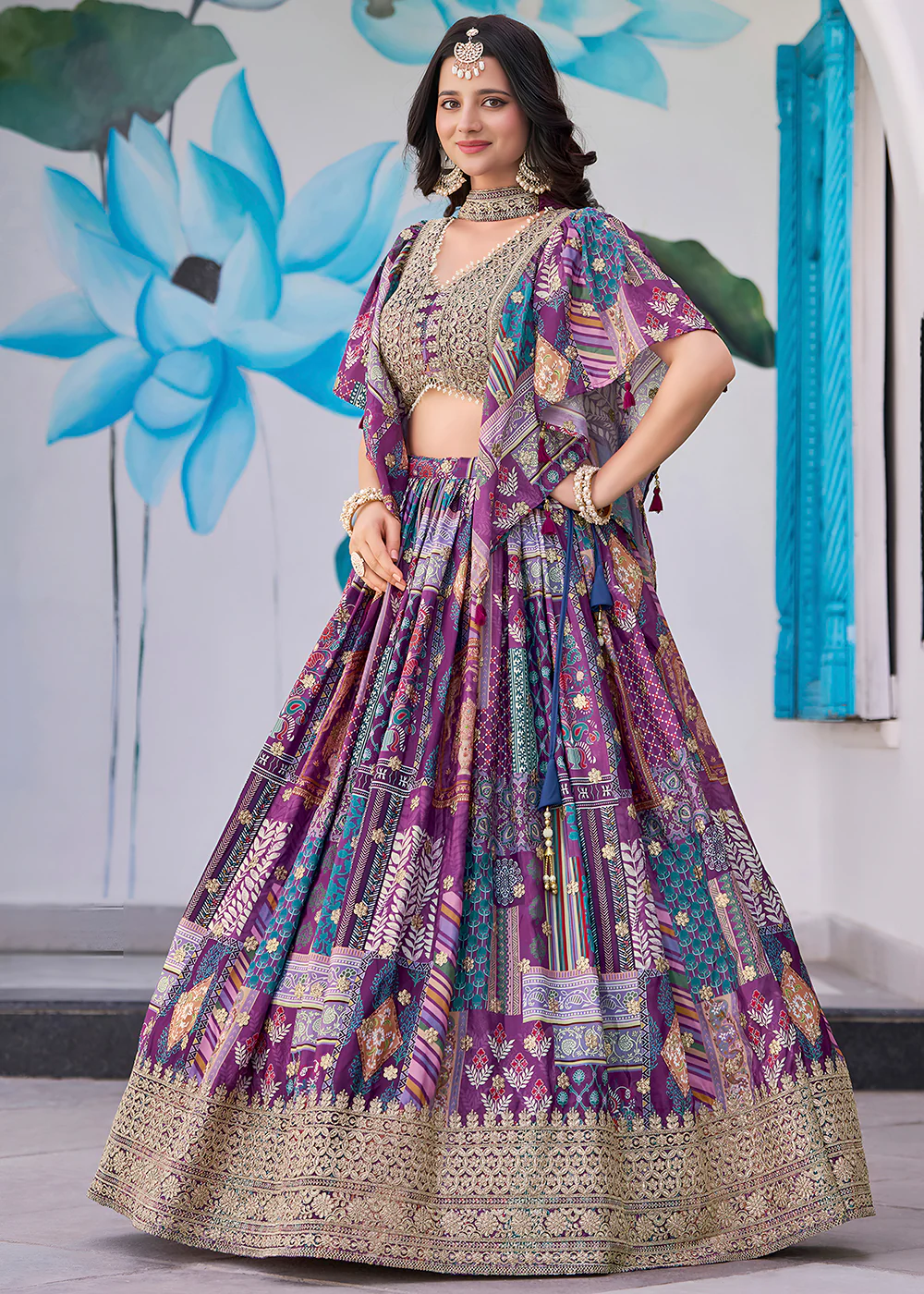 Purple Printed & Zari Dori Embroidered Lehenga Choli - Image 6