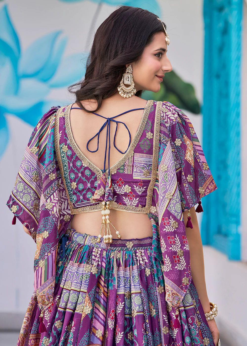 Purple Printed & Zari Dori Embroidered Lehenga Choli - Image 7