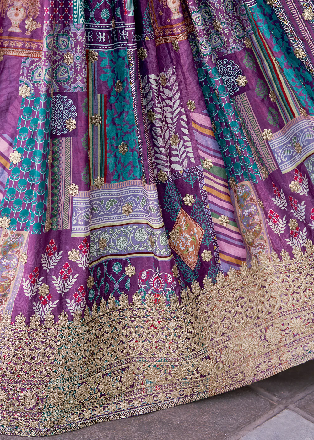 Purple Printed & Zari Dori Embroidered Lehenga Choli - Image 8