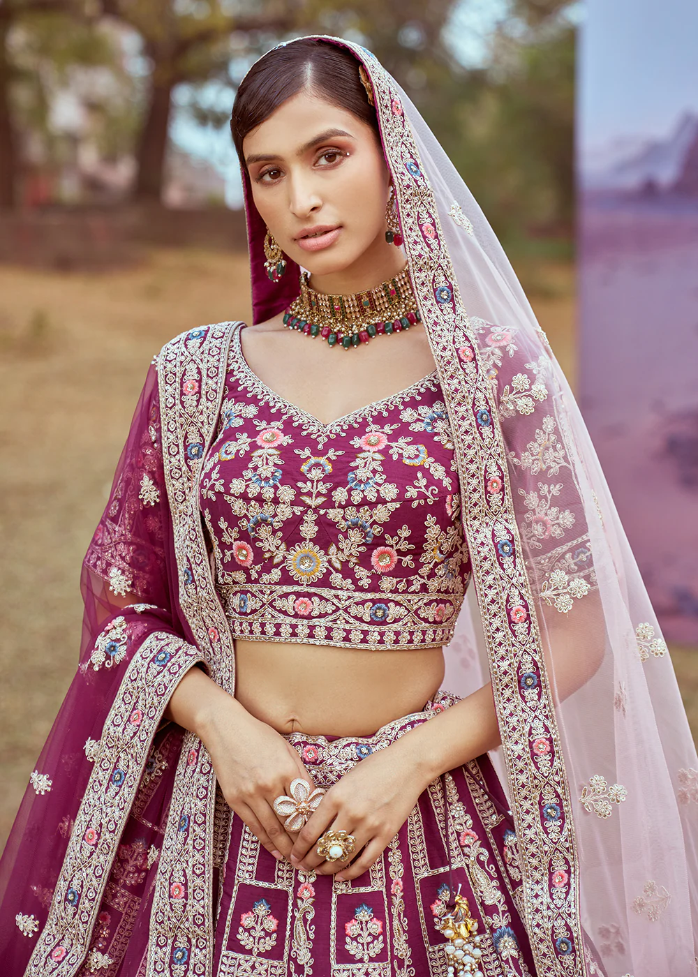 Purple Pure Silk Embroidered Wedding Wear Lehenga Choli - Image 2