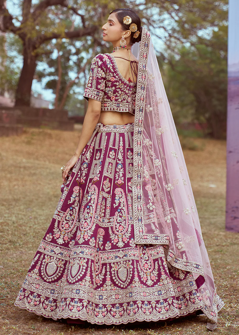 Purple Pure Silk Embroidered Wedding Wear Lehenga Choli - Image 3